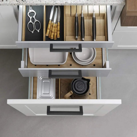 Slick Matte Black Square Bar Cabinet Pulls 5 Pack With 3 3/4 Inch Hole Centers Heavy Duty Stainless Steel Drawer Handles For Kitchen Cabinets And Bedroom Dressers Top Shelf Furniture Hardware That Fits Like A Glove used on organized kitchen drawers with utensils.