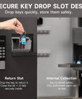 Secure Key Lock Box With Keypad And App Control Provides Hella Secure Storage For 104 Keys With No Sweat Pickup Drop Slot And One Time Passcodes Plus Bluetooth Remote Access For Total Everyday Convenience showing drop slot design.