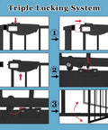 Triple locking system of Extra Tall Wide Pressure Mounted Baby Gate With Triple Lock Walk Through Swing Auto Close Black Metal Safety Gate For Indoor Stairs And Doorways Adjustable 25.59 To 81.49 Inches Kid And Pet Friendly