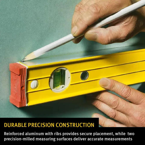 Built Solid Three Piece Spirit Level Kit Including 48 Inch 24 Inch Plus 12 Inch Precision Vials With Heavy Duty Lockable Case And Coated Beams For Dead On Layouts Every Single Project. Hand using precision level on wall.