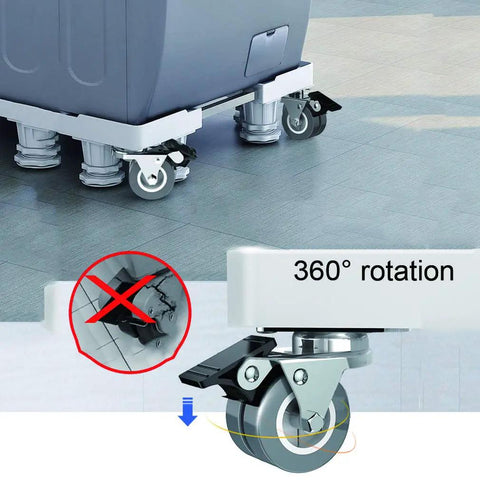 Heavy Duty Rock Solid Adjustable Washing Machine Stand With Slick Rolling Casters Anti Slip Glides And Secure Lock Design For Dryer Freezer Appliances Telescopic Frame showcasing 360° rotating smooth casters.