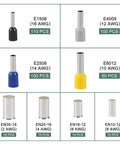 Image of 400 Piece Wire Ferrule Terminal Kit With Silver Plated Copper Ferrules Crimp Connectors Insulated Cord Pin Ends And Sleeves, showing various ferrules and AWG sizes.
