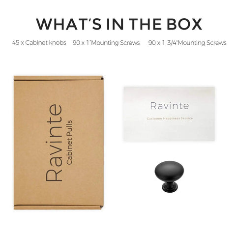Box contents for 45 Pack Matte Black Cabinet Knobs And Drawer Pulls For Kitchen Cabinets Cupboards And Dressers Euro Style.