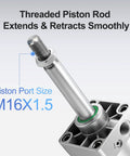 Close-up of Heavy-Duty Pneumatic Air Cylinder 2.5 Inch Bore, 3.94 Inch Stroke, showing M16x1.5 threaded piston rod.