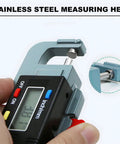 Built Tough Digital Thickness Gauge With Huge Backlit LCD Screen And Spot On Accuracy Plus Instant Zero Reset measuring stainless steel head.