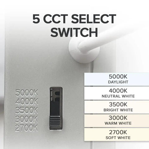 5 CCT Select Switch detail showcasing 5000K, 4000K, 3500K, 3000K, and 2700K settings for Clean 4 Inch Recessed Led Downlight With 5 Switchable Cct Modes.