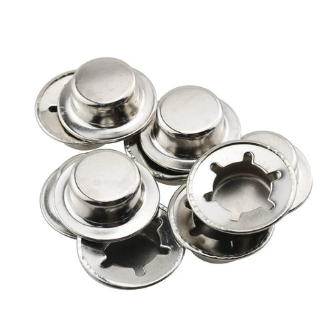 Hella Tough Pack Of 6 Axle Push Nut Fasteners With Spring Steel Body Zinc Plated Silver Finish shown from above, showcasing durable caps.