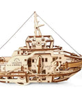 Wooden Mechanical Tugboat 3D Puzzle Model Construction Set With Gear Driven Motion Buildable Nautical Toy For Collectors And DIY Enthusiasts Ideal For STEM Learning And Creative Display, side view