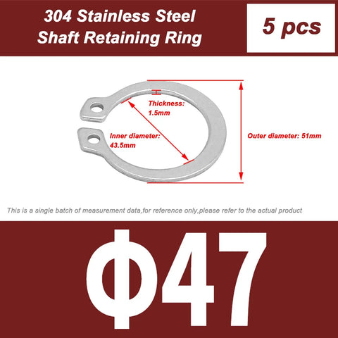 Rock Solid External Circlips C Clips Snap Rings 304 Stainless Steel Retaining Clip Ring For Automotive Engines And Heavy Machinery Bearings 47 Mm showing 51mm shaft retaining ring with dimensions.