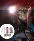 Essential Pl60 Plasma Cutter Torch Consumables Kit With Nozzles And Cups For Smoother Welding Airflow And Precise Spark Control On Small Projects, featuring welding tools in use.