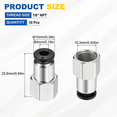 No Fuss 10 Pack Push To Connect Pneumatic Fittings One Eighth NPT Nickel Plated Brass Female Adapters For Four Millimeter