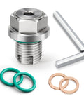 Oil drain plug repair kit, stainless plug with hex head; front view, green O-rings, copper washers, L-shaped key