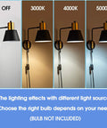 Modern Swing Arm Wall Sconce Set Of Two Plug In Black Wall Lights showing light color variations 3000K, 4000K, 5000K, off mode