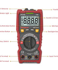Front view of DIY Ready Pro Grade TRMS 6000 Counts Digital Multimeter showing buttons, screen, and terminals labeled in detail.