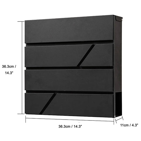Built Tough Outdoor Wall Mount Locking Mailbox In Valencia Carbon Black, Galvanized Steel Construction, front view with dimensions