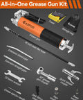 Heavy duty grease gun kit with 18 inch resin flex hose, quick release coupler, and 90 degree coupler for professional auto shop use.