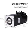 Front view of a NEMA 34 closed‑loop stepper motor; silver faceplate with shaft, black housing.