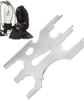 Stainless Steel Scuba Diving All In One Multi Tool Kit With Regulator Repair Gear shown with scuba equipment backdrop