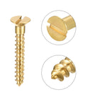 Close-up of Brass Wood Screws M3 x 20mm Slotted Flat Head Self-Tapping Fasteners for DIY Projects and Woodworking, durable design.