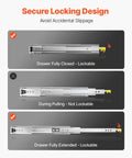 Image showing Beefy Heavy Duty 24 Inch Drawer Slides Pair With Locking 250 Lb Capacity Side Mount Ball Bearing Full Extension 3 Fold Rails in closed, pulled, and extended positions, highlighting the secure locking design.