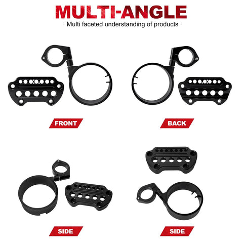 Speedometer Relocation Bracket For Sportster XL 883 And XL 1200 Models, front, back, side views of clamp with 39mm fork brackets.