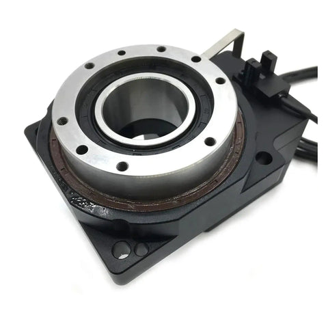 High Precision Hollow Rotary Actuator Turntable With Electric Stepper Motor Servo Drive 360 Degree Rotating Platform front view with metal finish.