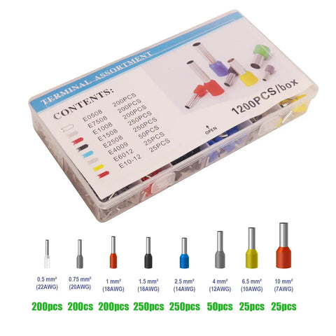 Self Adjusting Ratchet Wire Crimping Pliers And Ferrule Kit With 1200 Pcs Terminals Connectors AWG 23 To 7 assorted connectors in a clear box.