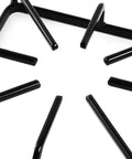 Close-up of Beefed Up Heavy Duty Replacement Burner Grates Set for GE Kenmore Hotpoint Stove Parts, metal steel surface.