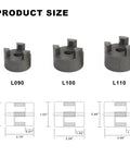 Three L-jaw couplings L90, L100, L110 with Buna-N rubber spider; front view with size diagrams for log splitter