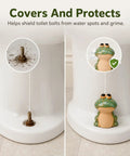 Slick Ceramic Frog Toilet Bolt Covers 2 Pack With Universal Screw Caps, showing before and after installation on toilet bolts.