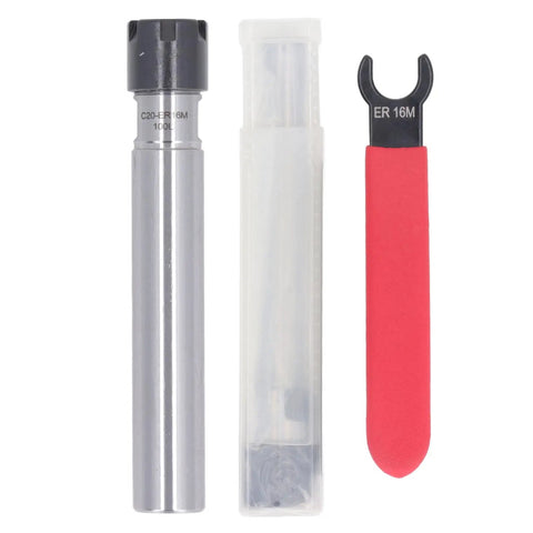 Essential 135mm C20 ER16M Straight Shank Tool Holder Collet Chuck Spacer Shaft Extender For CNC Milling Machines kit parts including tool holder and wrench.