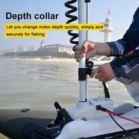 Heavy Duty Bow Mount Trolling Motor 24 Volt 80 Pound Thrust showing depth collar adjustment for fishing versatility.