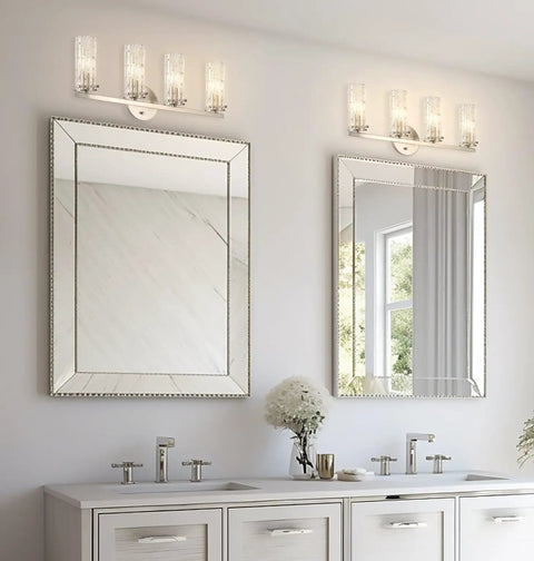 Ophelia 22 Inch Modern Four Light Vanity Fixture With Cylinder Hand Cut Glass Shades In Brushed Nickel Finish for bathroom