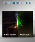 Comparison of harmful light filtration: harsh glare before and filtered view after using Tough As Nails Welding Glass Lens Shade 10.