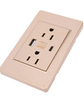 Heavy Duty Wall Outlet With Dual Usb And Type C Fast Charge Ports, 15A Power Receptacle Plug For Living Room Or Office, Ditch The Cable Clutter, Reliable Flame Retardant Build, gold finish, visible dual ports.