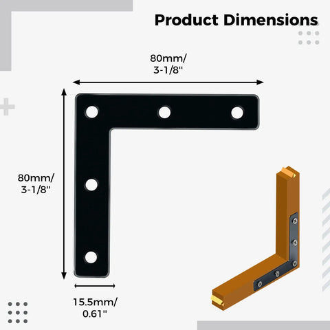 Rock Solid L Shape Corner Braces 20 Count 3.15 Inches Right Angle Metal Brackets dimensions with labels and measurements.