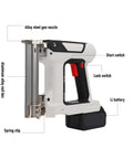 Heavy Duty Cordless Brad Nailer And Stapler Combo, 18 Gauge Electric Nail Tool showing alloy steel nozzle and battery.
