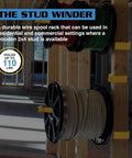 Spool Tools Stud Winder Portable All Steel Wire Spool Holder Dispenser mounted on 2x4 stud in construction site.