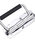 Kickass Two Pack Folding Spring Loaded Case Handle Heavy Duty Industrial Cabinet Pull For Suitcases Toolboxes And Luggage Trunks Secure Grip Hardware Design, chrome finish with black rubber grip, overhead view.