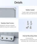Rugged Aluminum Electrical Box Junction Case IP67 Waterproof Outdoor Enclosure Dustproof Project Box 4.7 By 3.1 By 2.1 Inches For Outdoor Electrical Installations Weatherproof Metal Box With Tight Sealing, gasket and mounting details
