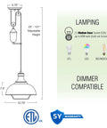 Diagram of Sequoia 13 Inch Dope Industrial Pulley Pendant Light With Dome Shade And Counterweight In Oil Rubbed Bronze Finish
