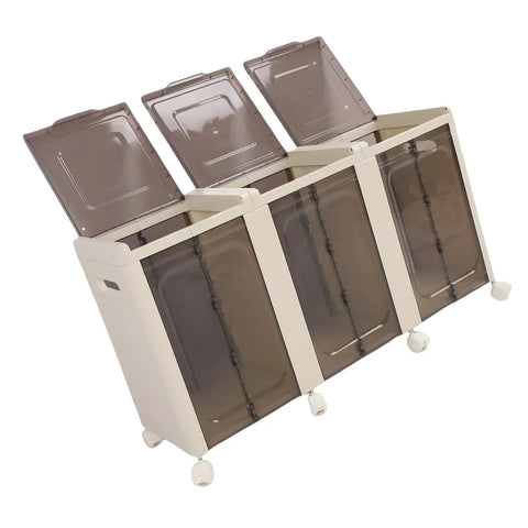 Rock Solid Stackable Storage Bins With Slick Roller Wheels And Safe Brakes, Foldable Plastic Containers showcasing three-tier design.