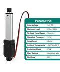 Mini 125mm stroke 12V aluminum linear actuator with mounting bracket and red/black wires, side view.