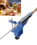 10 Whetstone Knife Sharpener With Slick 360 Degree Flip Design showing a blue sharpening kit with wood handle and stainless steel guide.