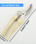 Pruning Shears Set Of Two For Gardening For Flowers Bonsai And Fruit Picking One Straight Blade And One Curved Blade With Ergonomic Comfort Grips Pro Grade Quality For Precise Pruning Of Plants And Trees showing curved blade size