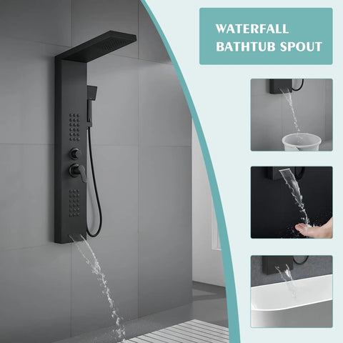 Contemporary Matte Black 4 In 1 Shower Panel System Featuring Rainfall Head And Full Body Massage Jets For A Total Game Changing Bathroom Upgrade with waterfall bathtub spout in use.