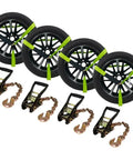 4 Pack 2 Inch By 8 Foot Car Tie Down Ratchet Straps With Chain Anchors, 3335 LBS WLL, High Viz Green Tire Straps For Trailers and Wheels