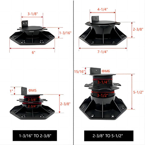 Bulk Pack Adjustable Deck Support Pedestals dimensions and specifications showing height adjustments from 1-3/16" to 5-1/2" for patios.