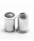 Get The Ultimate Flat Head Threaded Insert Kit With Assorted M3 To M10 Rivet Nuts For Auto, Furniture And Industrial Jobs Made From Durable Zinc Plated Aluminum That Resists Rust And Handles Heavy Loads Effortlessly - Silver aluminum rivet nuts.