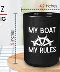 My Boat My Rules Nautical Ceramic Coffee Mug FifteenOz Black with steering wheel design on table